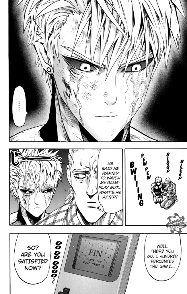 Genos intently watches King play a video game.