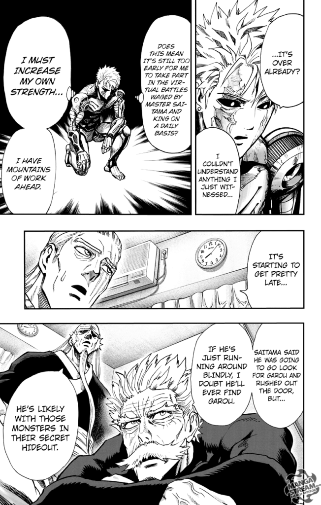 Genos contemplates the video game while King notices it's late already, and Bang and Bomb talk about Saitama.