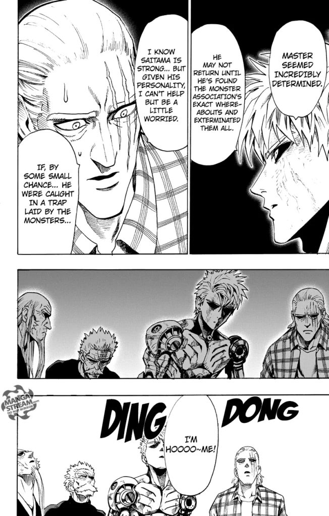 King, Genos, Bang, and Bomb get worried until they hear the doorbell.