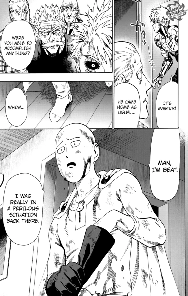 King, Genos, Bang, and Bomb curiously look at Saitama, who is now covered in blood and dirt.