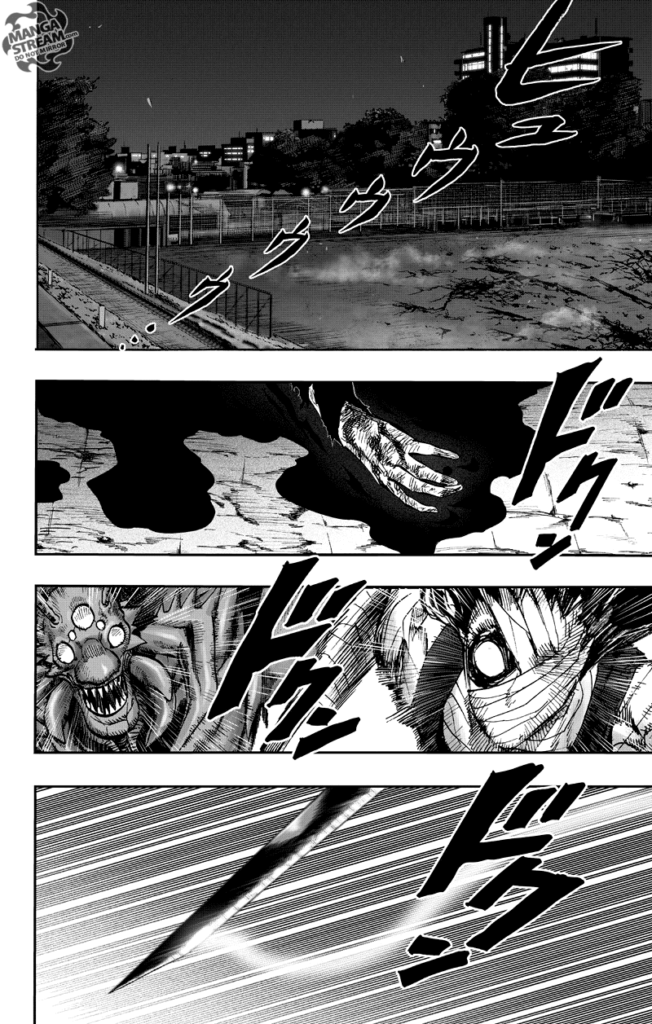 Cut to the scene, Garou still lies in the pool of blood in the park.