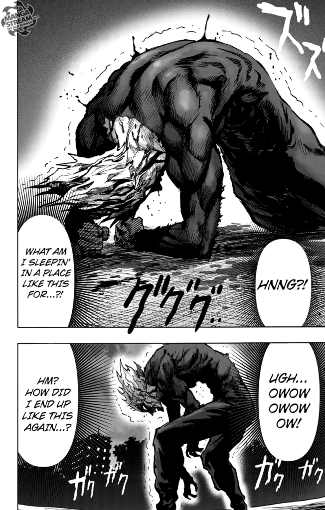 Garou is covered in blood and shivering while trying to stand up.