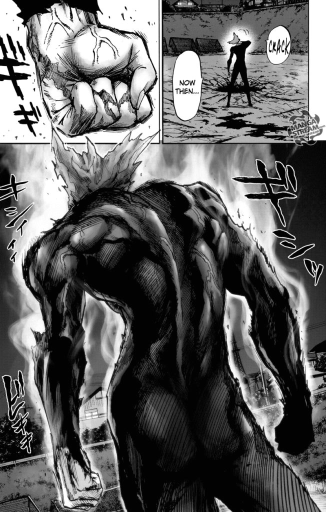 Garou stretches his body and clenches his fist. A strong aura emits from his body.