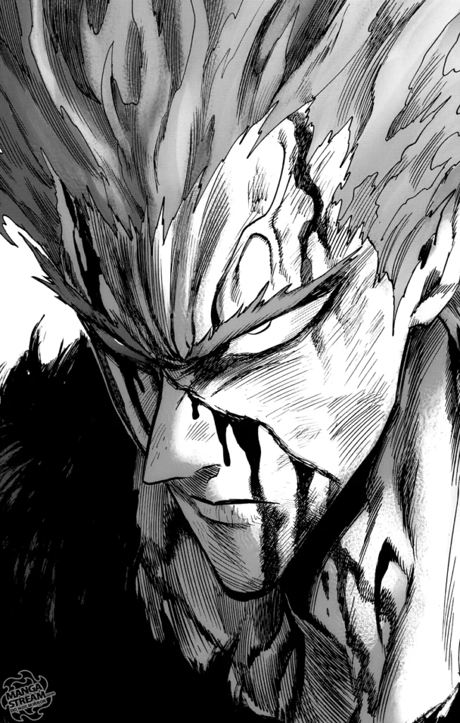 Garou looks serious while his face has slash marks and is still covered in blood.