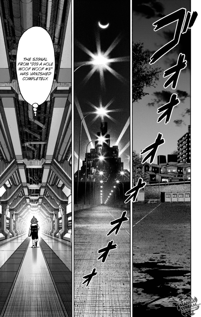 Garou disappears, leaving the pool of blood while Child Emperor walks toward the H.A. Base.