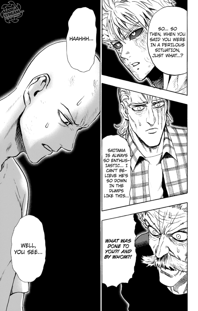 King, Genos, and Bang are worried about Saitama, who now looks down in the dumps.