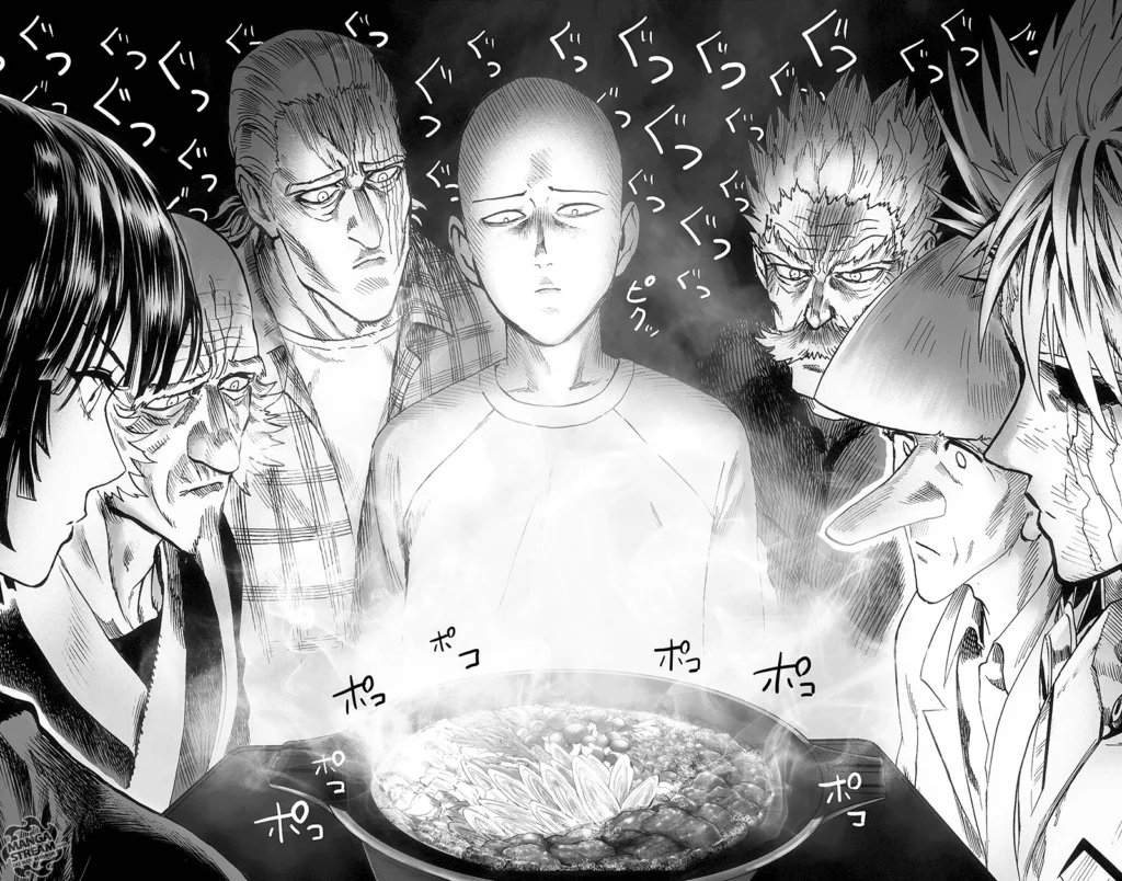 From right to left, Fubuki, Bomb, King, Saitama, Bang, Dr. Kuseno, and Genos look at the steaming hot pot.