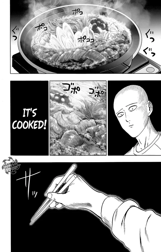 Saitama looks at the deliciously cooked steaming hot pot and holds chopsticks.