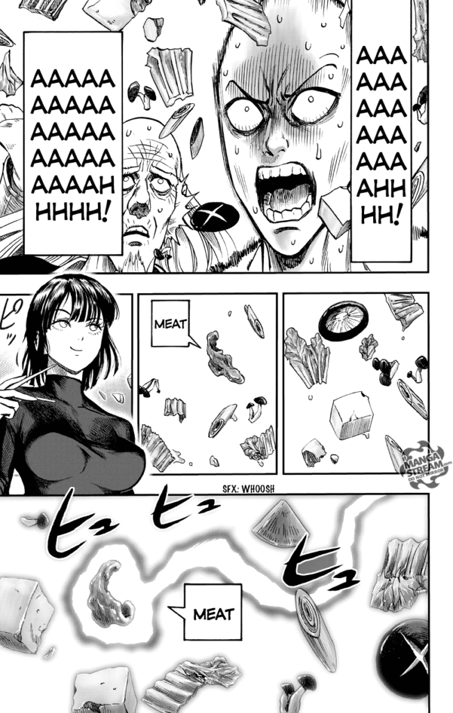 Saitama looks worried as the void flies over his face. Fubuki manages to grab some meat using her telekinesis.