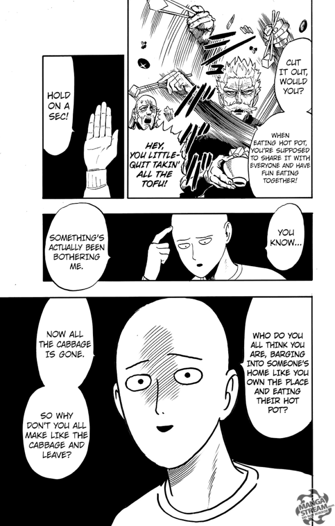 Bang catches all the tofu using his chopsticks while Saitama, with a blank face, tells everyone to leave.