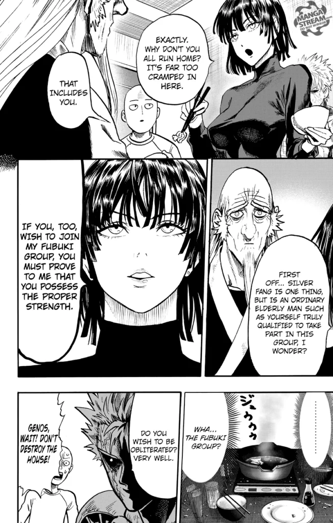 Fubuki tells Bomb to leave, but Genos interrupts her. Saitama tells him not to destroy the house.