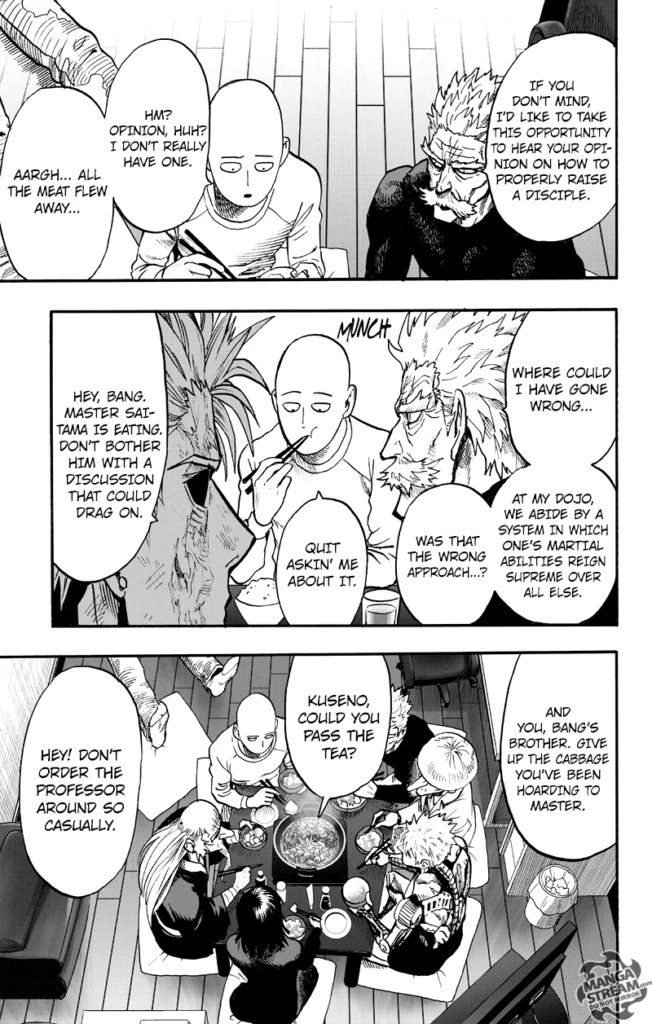 Bang asks Saitama about properly raising a disciple, but Genos interrupts him. They started having conversations.