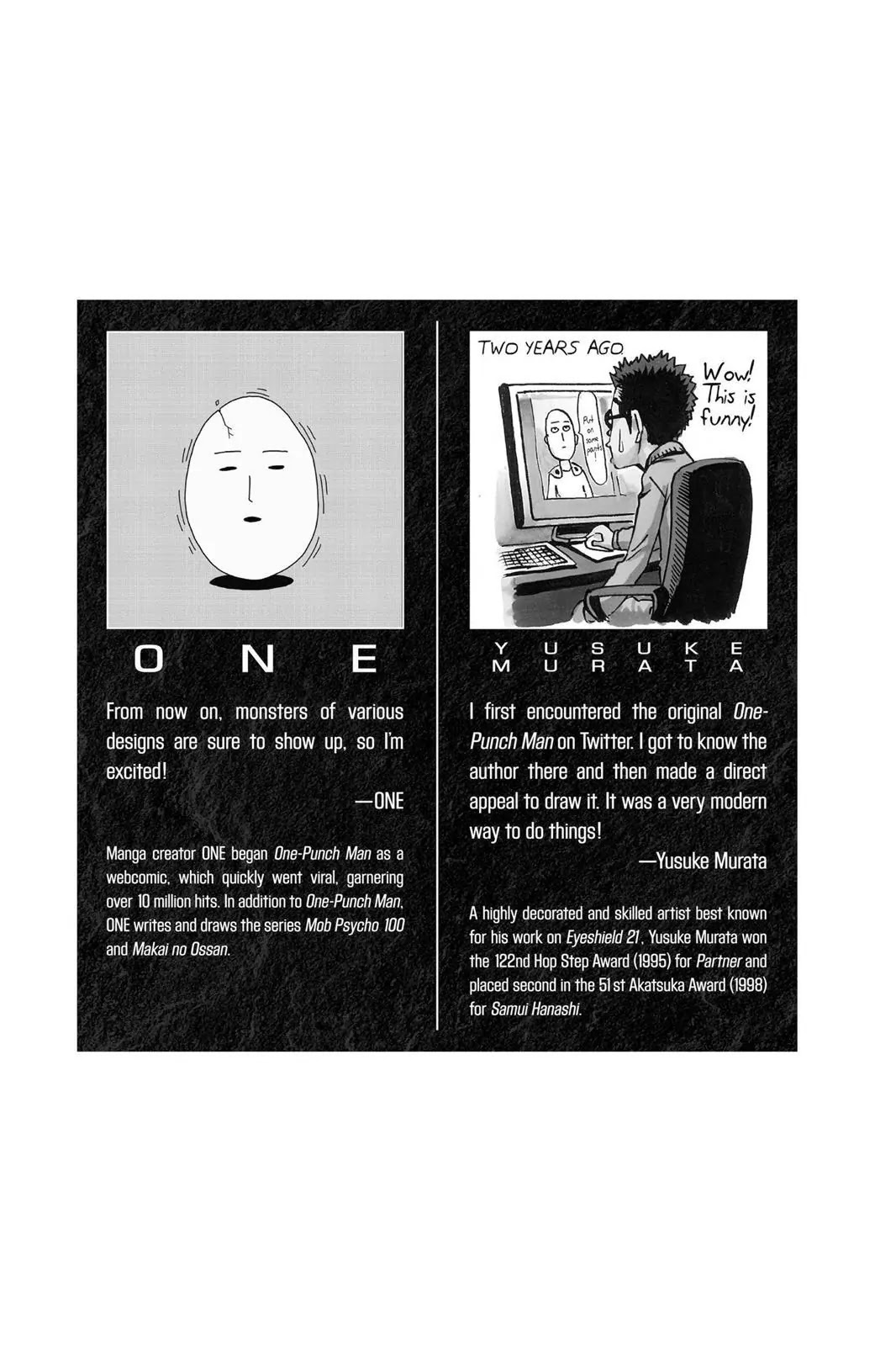 This panel shows the story between Yusuke Murata - the One Punch Man artist, and the original One Punch Man creator, ONE.