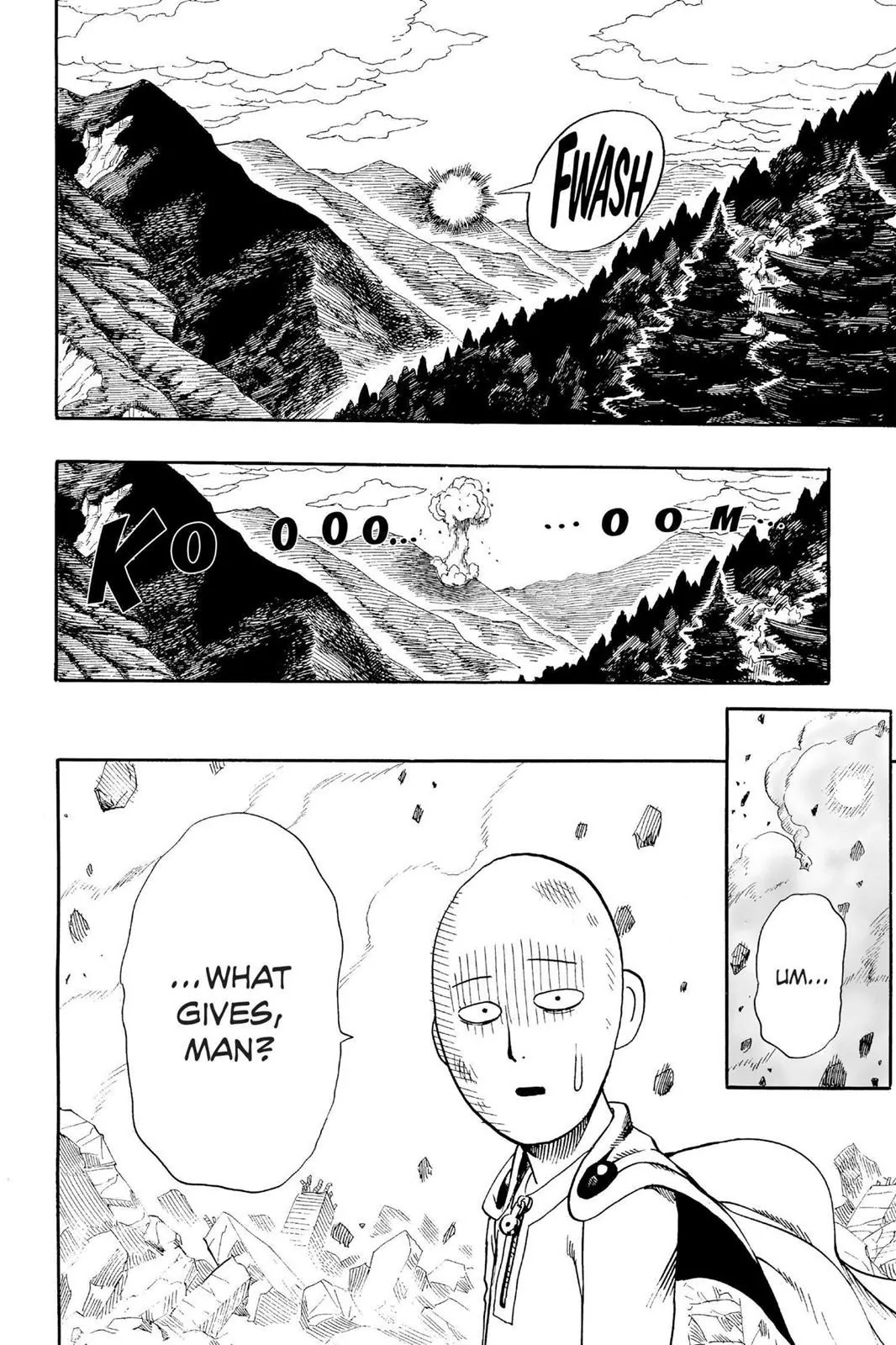 A flash of light is seen from a distance followed by an explosion and a confused look on Saitama's face.