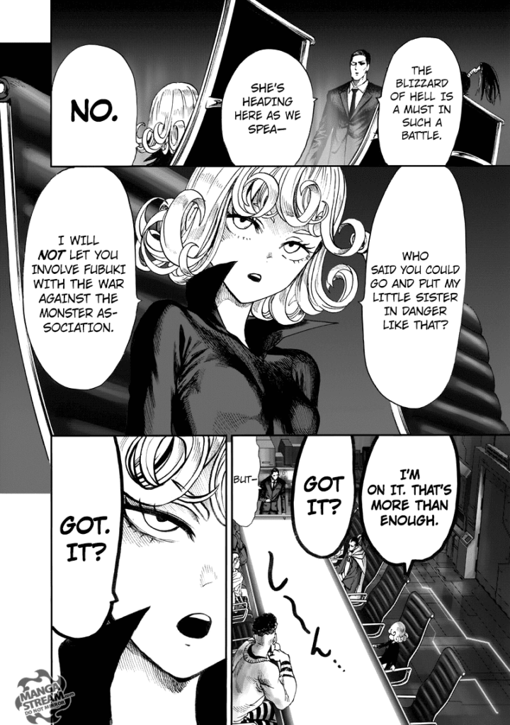 Tatsumaki protests Fubuki's assignment in the war, and Sekingal agrees.