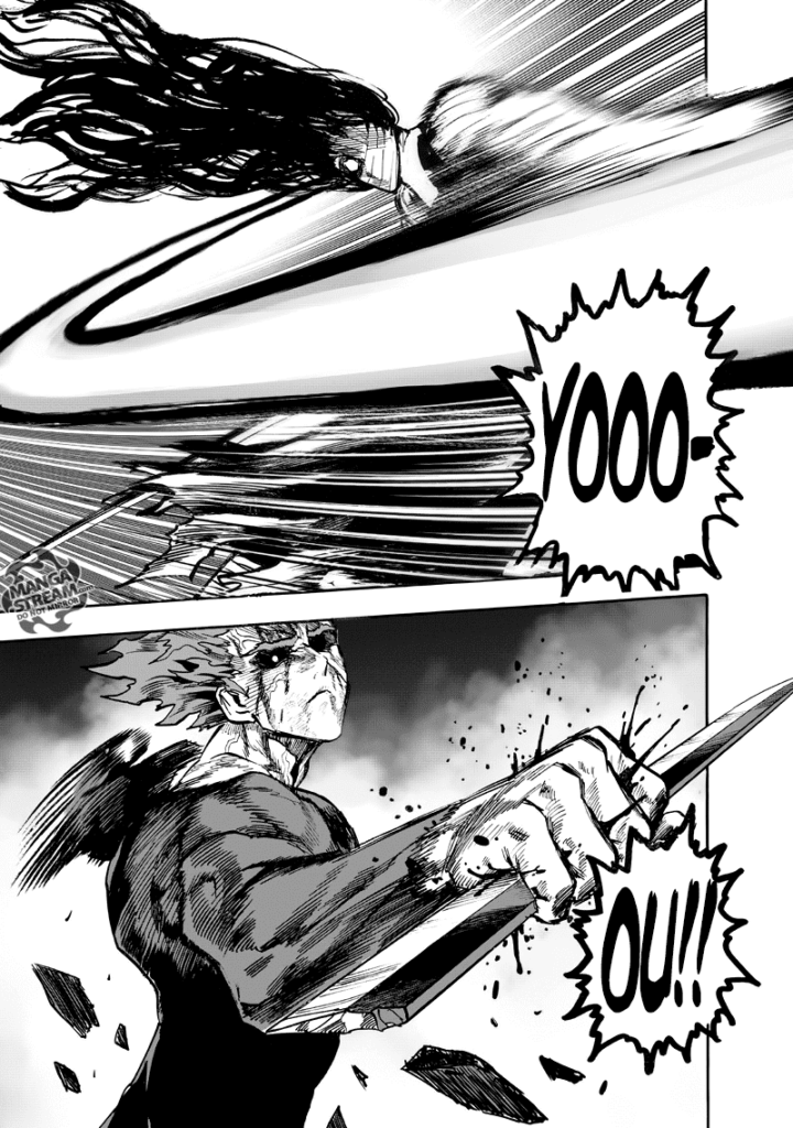 Royal Ripper slashes Garou, but Garou catches his blade and breaks it.