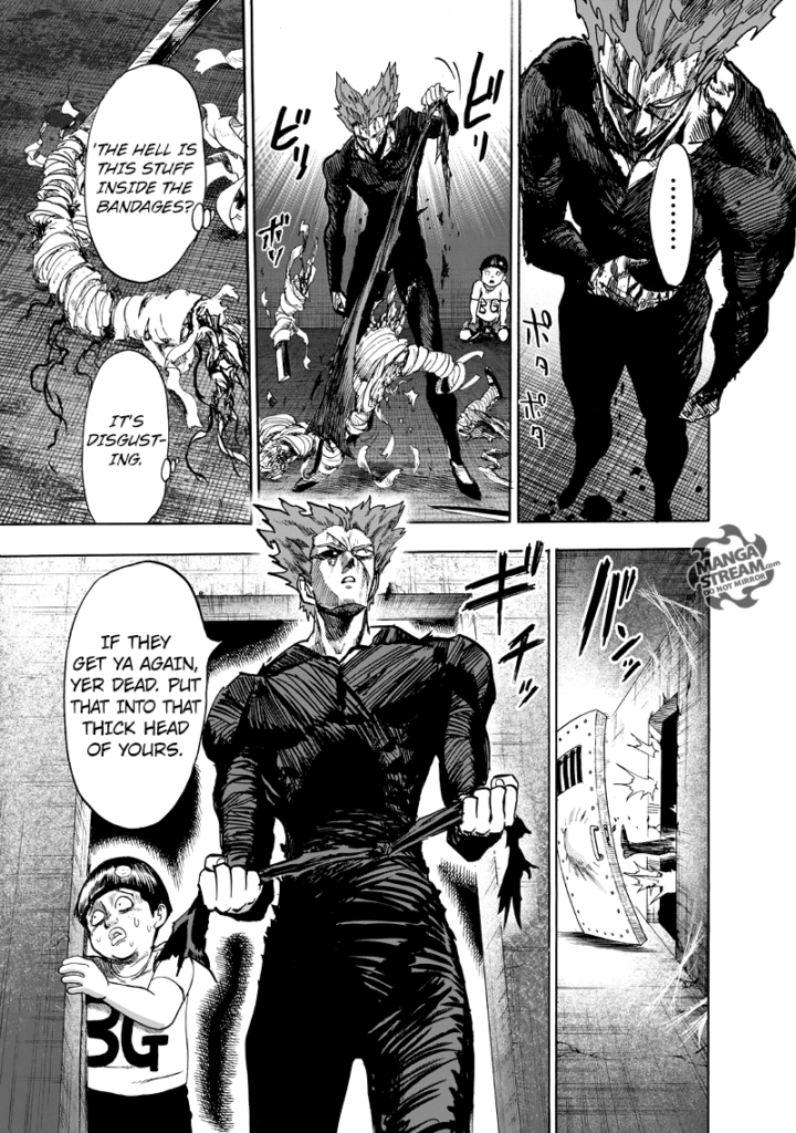 Garou covers some parts of Royal Ripper around his body as they escape the place.