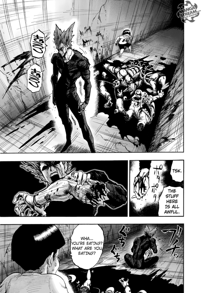 Garou quickly destroys the monsters and sits down and starts eating them.