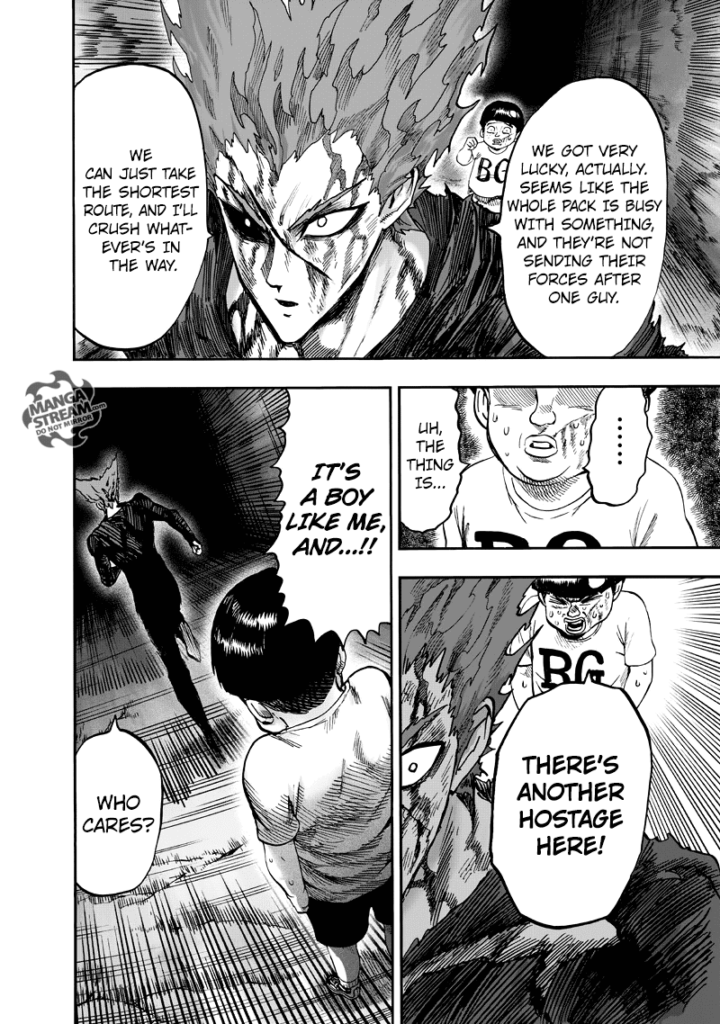 Garou keeps running, but Tareo stops and tells him about the other hostage.