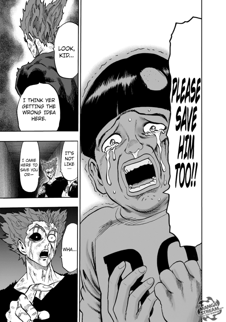 Tareo starts crying, begging Garou to save the other kid. Garou suddenly gets surprised after turning around.