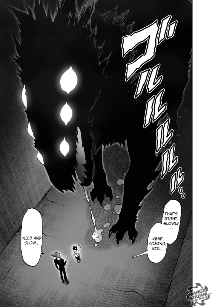 The huge monster looks like a dog, salivating while approaching Garou and the kid.