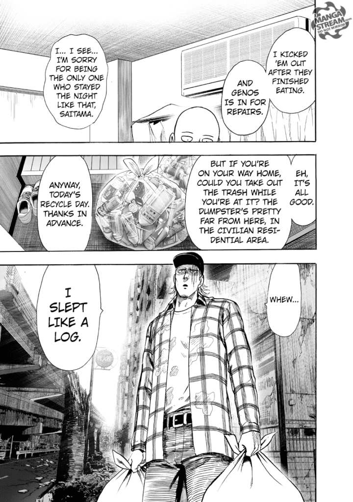 King leaves Saitama's house carrying Saitama's trash.