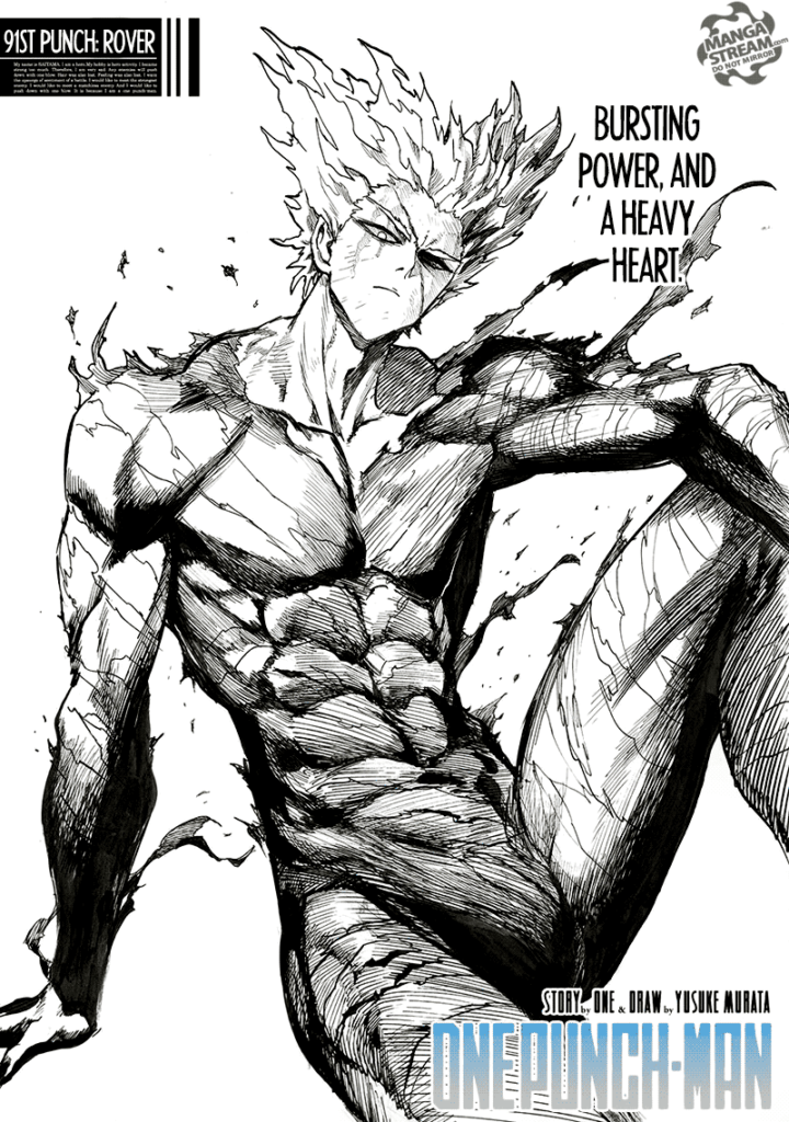 Garou sitting down, showing his clothes merging with his skin.