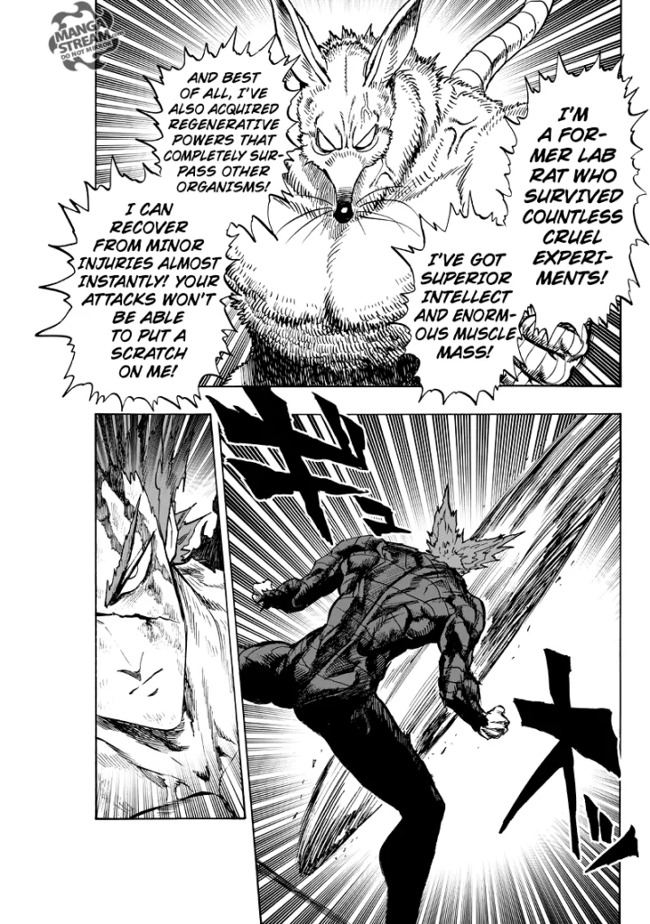 Garou prepares the spinning attack from Narwhal as the muscular Ultra Mouse flexes his regenerative abilities.