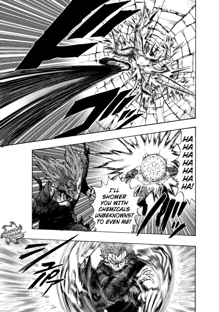 Narwhal hits the wall while Shower Head approaches Garou for a chemical attack. Garou makes his hands spin.