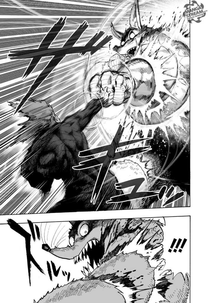 Garou blocks Ultra Mouse's punch with his finger palm. Ultra Mouse's hands break.