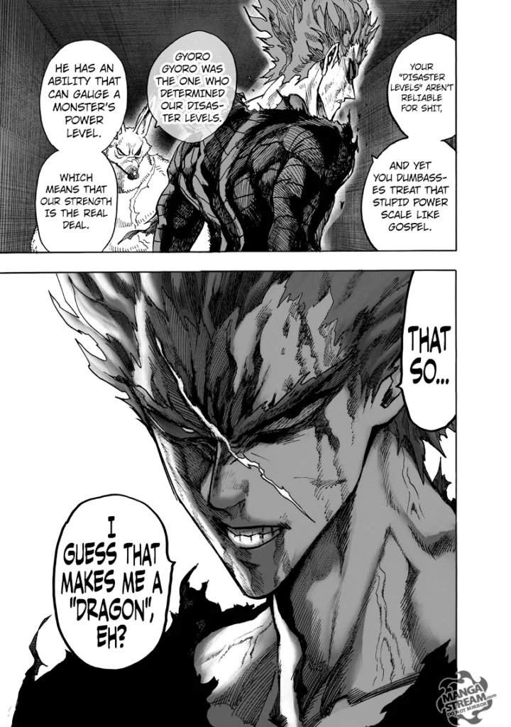 The monsters explain their disaster levels to Garou, and Garou identifies himself as a Disaster Level Dragon.