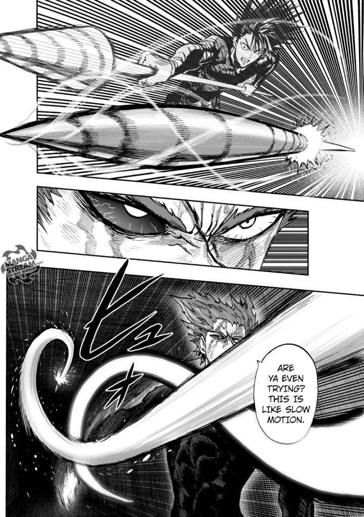 Garou remembers a similar attack from the hero Stinger. He deflects Narwhal with one hand.