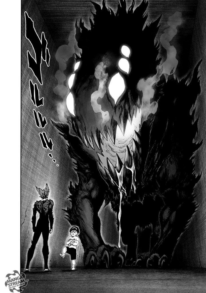 Tareo slowly walks toward Garou while the giant dog monster looks at them with glowing eyes and drooling.