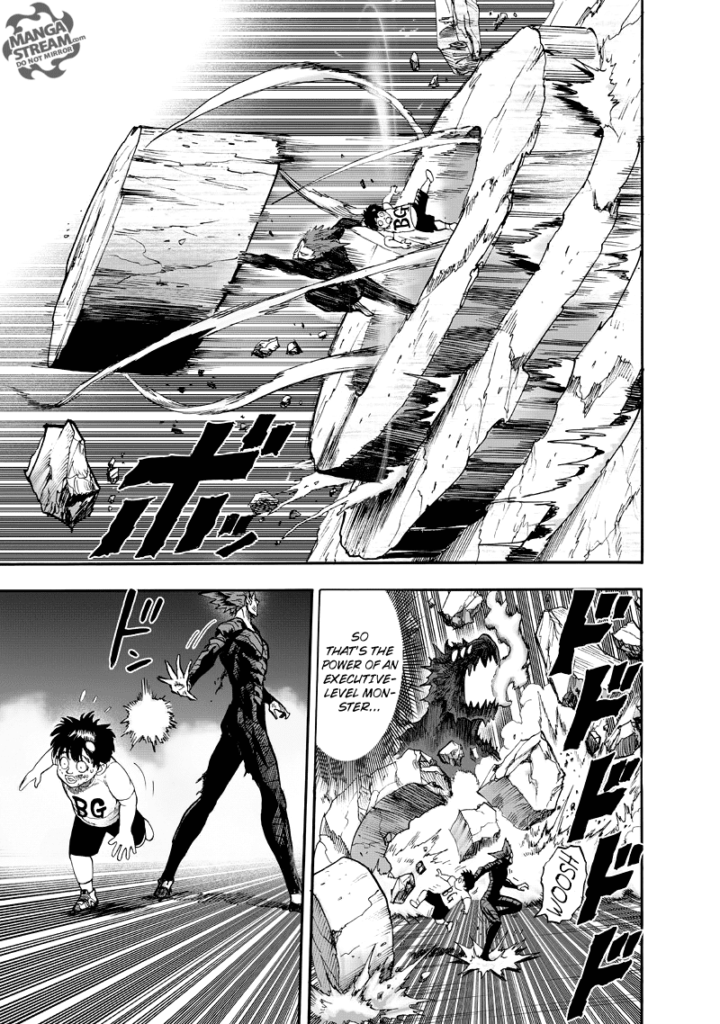 Garou escapes the falling rocks by carving a massive rock while holding the kid. He looks at the monster dog.