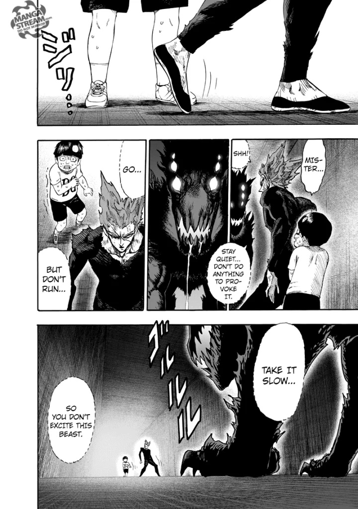 Garou and the kid Tareo slowly start moving backward.