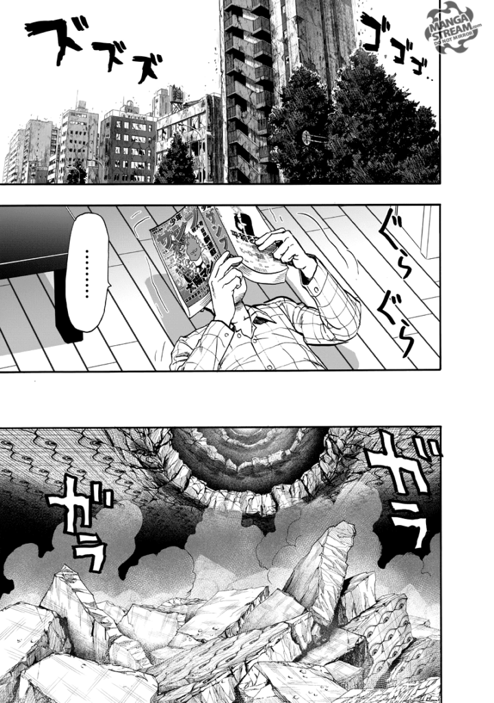 Saitama feels the shake again while reading manga inside his apartment.