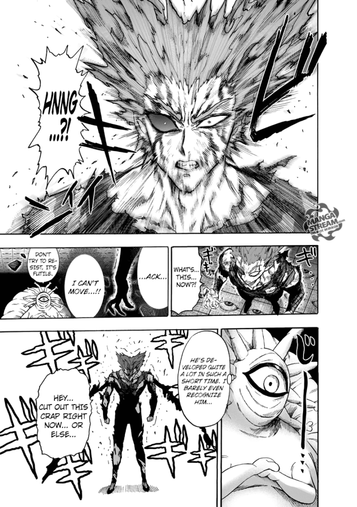 Garou looks tensed after realizing he can't move due to Gyoro-Gyoro's telekinesis.