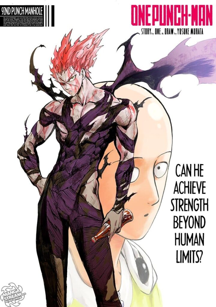 Color image of Garou holding a cola while his tattered clothes merge with his skin and Saitama's behind him.