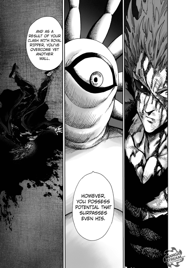 Back to the current scene, Garou seriously looks at Gyoro-Gyoro. 