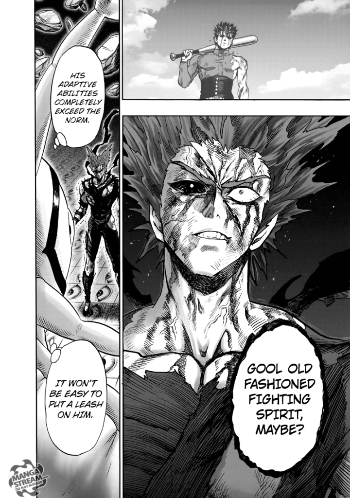 Garou remembers Metal Bat's fighting spirit as he now can move despite Gyoro-Gyoro's powers.