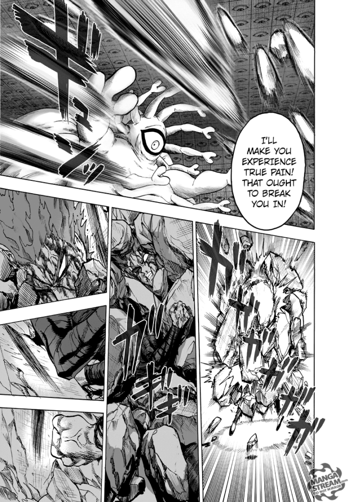 Gyoro-Gyoro attacks Garou by throwing rocks at him and pitting him into the wall.