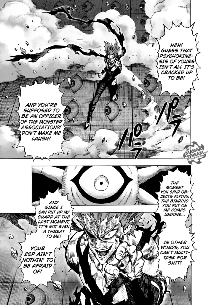 Dust surrounds Garou after he destroys the rocks. Gyoro-Gyoro looks at him.