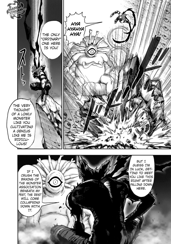 A huge rock falls from the sky, but Garou dodges and jumps over it.