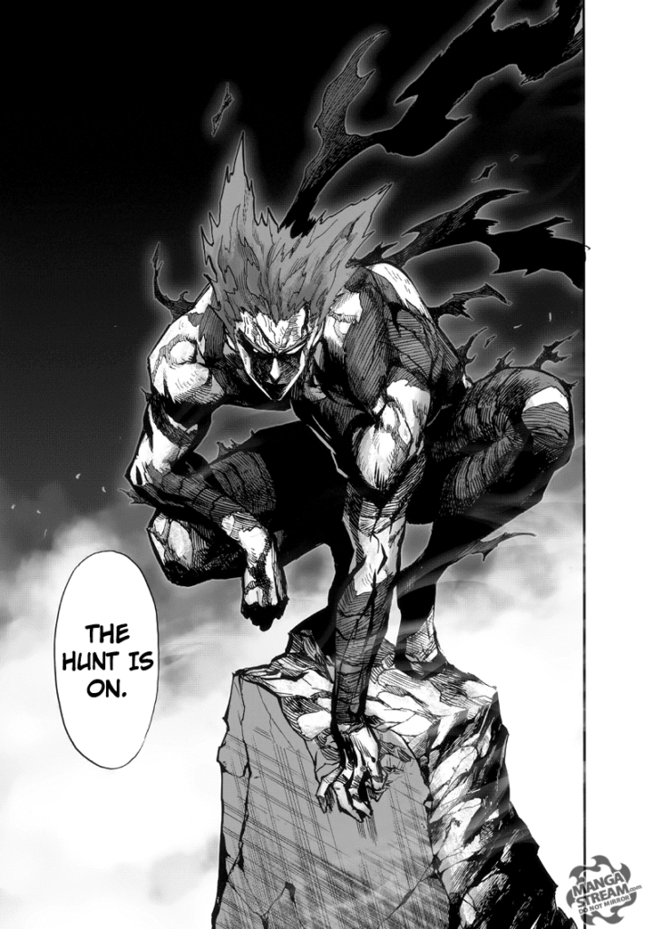 Garou crouches on top of a rock, preparing to attack Gyoro-Gyoro.