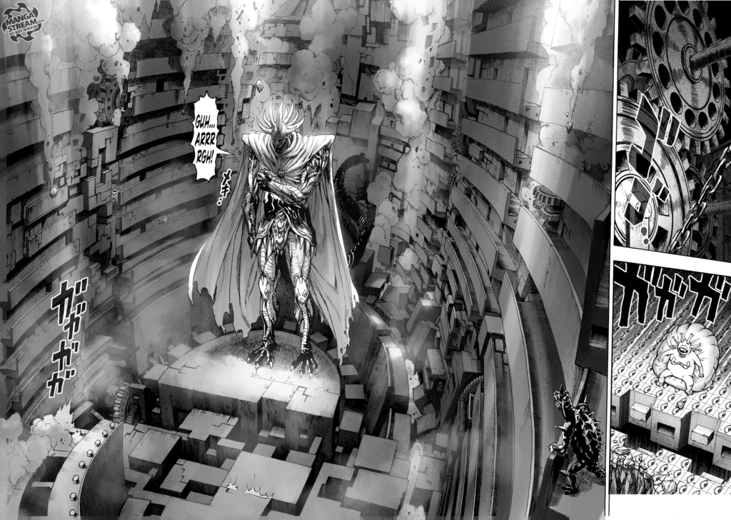 Giant gears turn, opening the ground in front of Gyoro-Gyoro, revealing the whole body of the giant Monster King Orochi.