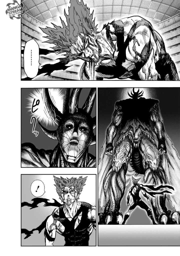 Garou faces the giant monster that is standing in front of him.