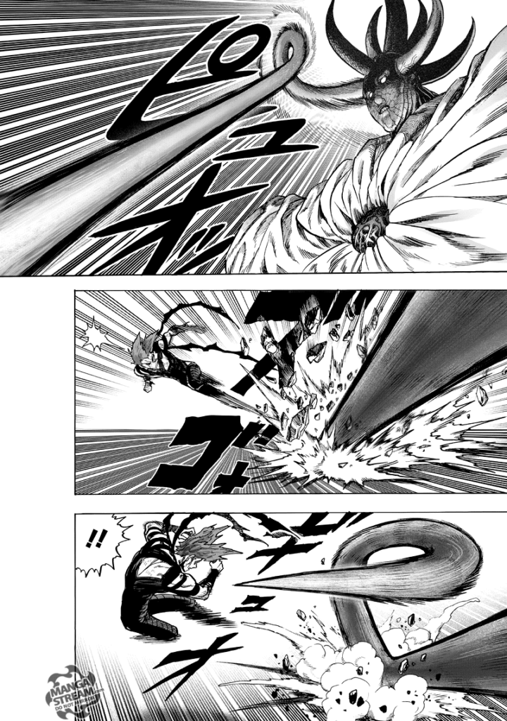 Monster King Orochi's horn extends, targeting Garou. Garou dodges as the horn follows him.