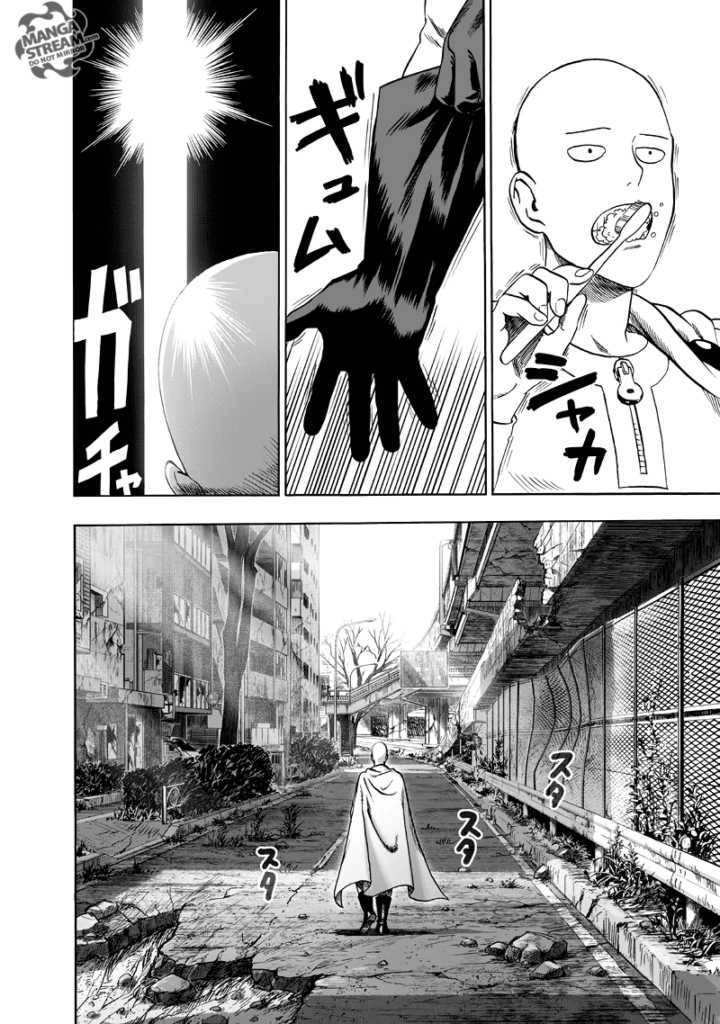 Saitama brushes his teeth, puts on his costume, and walks along the abandoned and destroyed city.