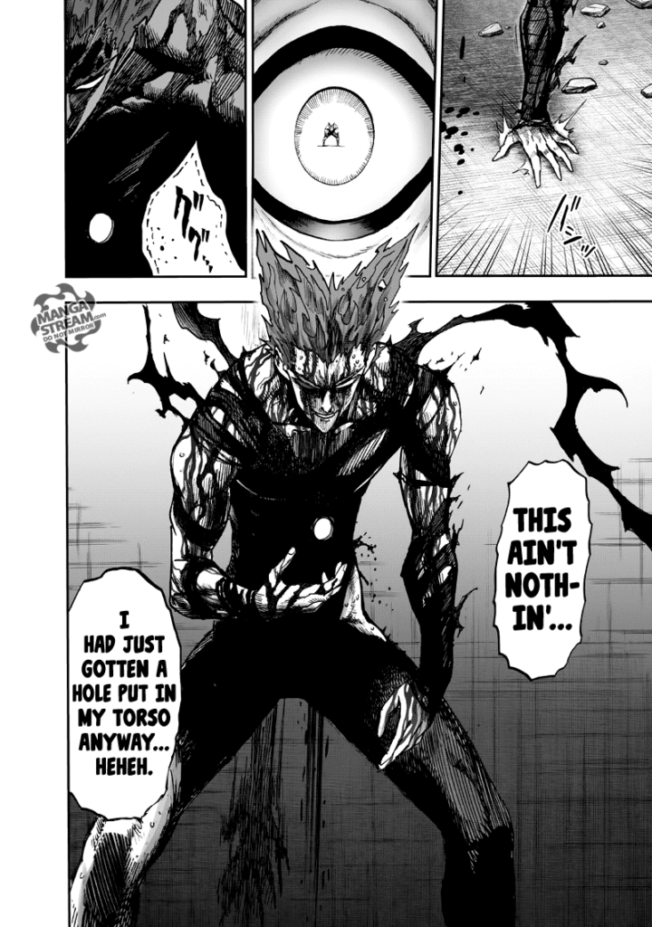 Garou stands up while having a hole in his stomach. Gyoro-Gyoro looks at him.