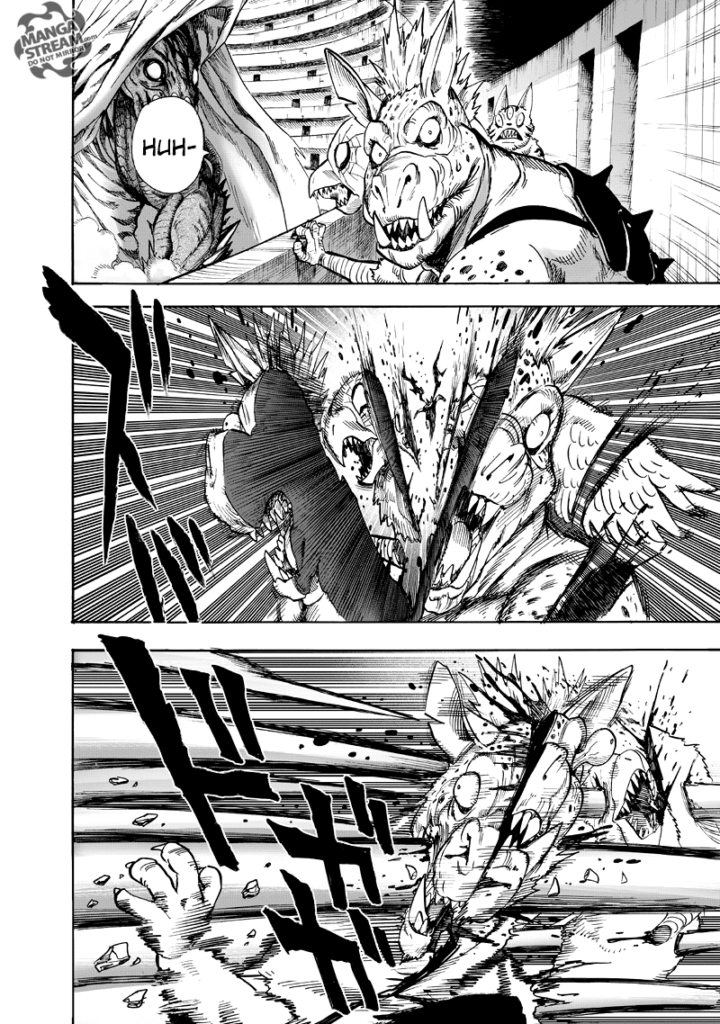 Garou slices the monsters while Orochi pierces them with his horn while chasing Garou.